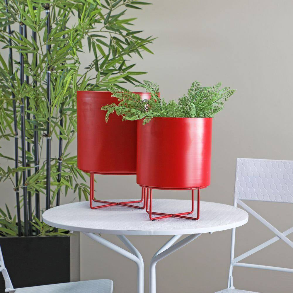 16 In. X 13 In. Red Metal Modern Planter  (Set of 2)