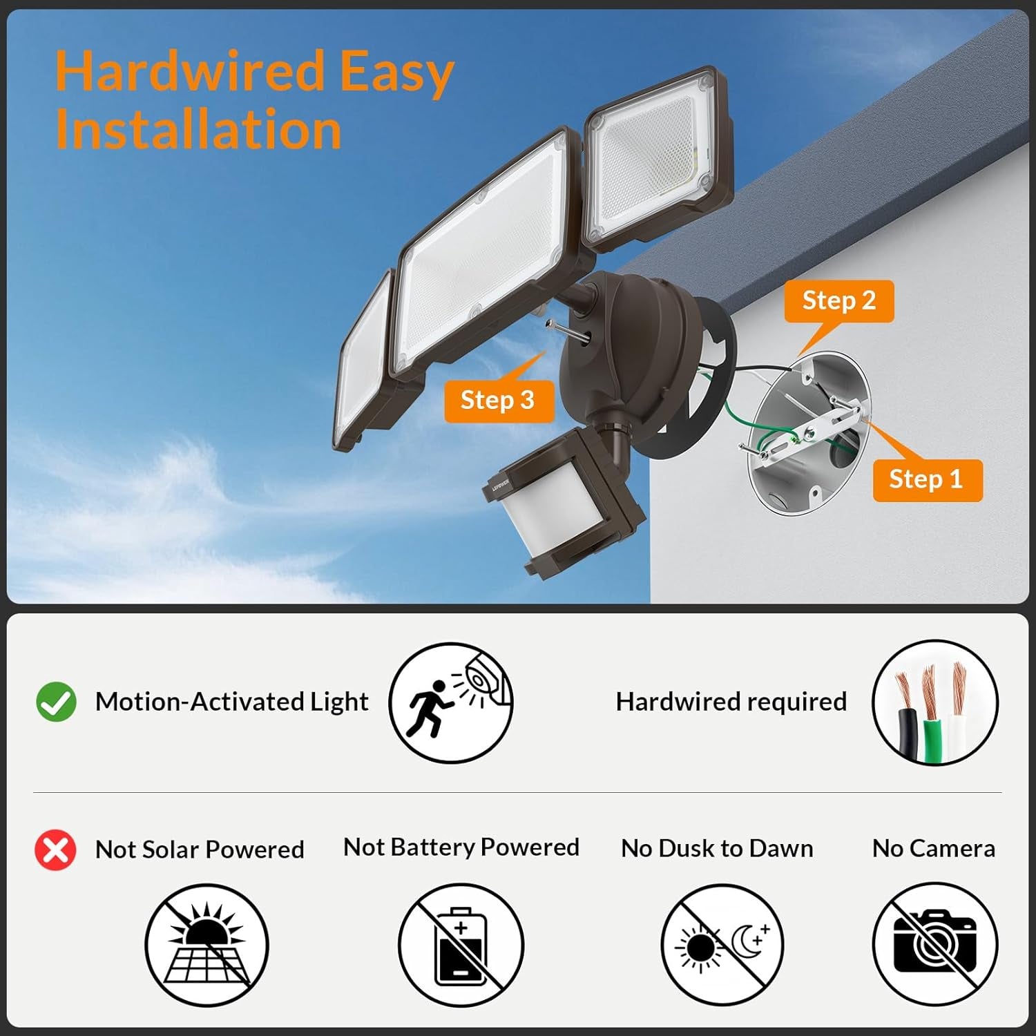 LED Security Light Motion Sensor Light Outdoor, 38W 4200LM Motion Security Light, 5500K, IP65 Waterproof, 3 Head Motion Detected Flood Light for Garage, Yard, Porch (Brown)