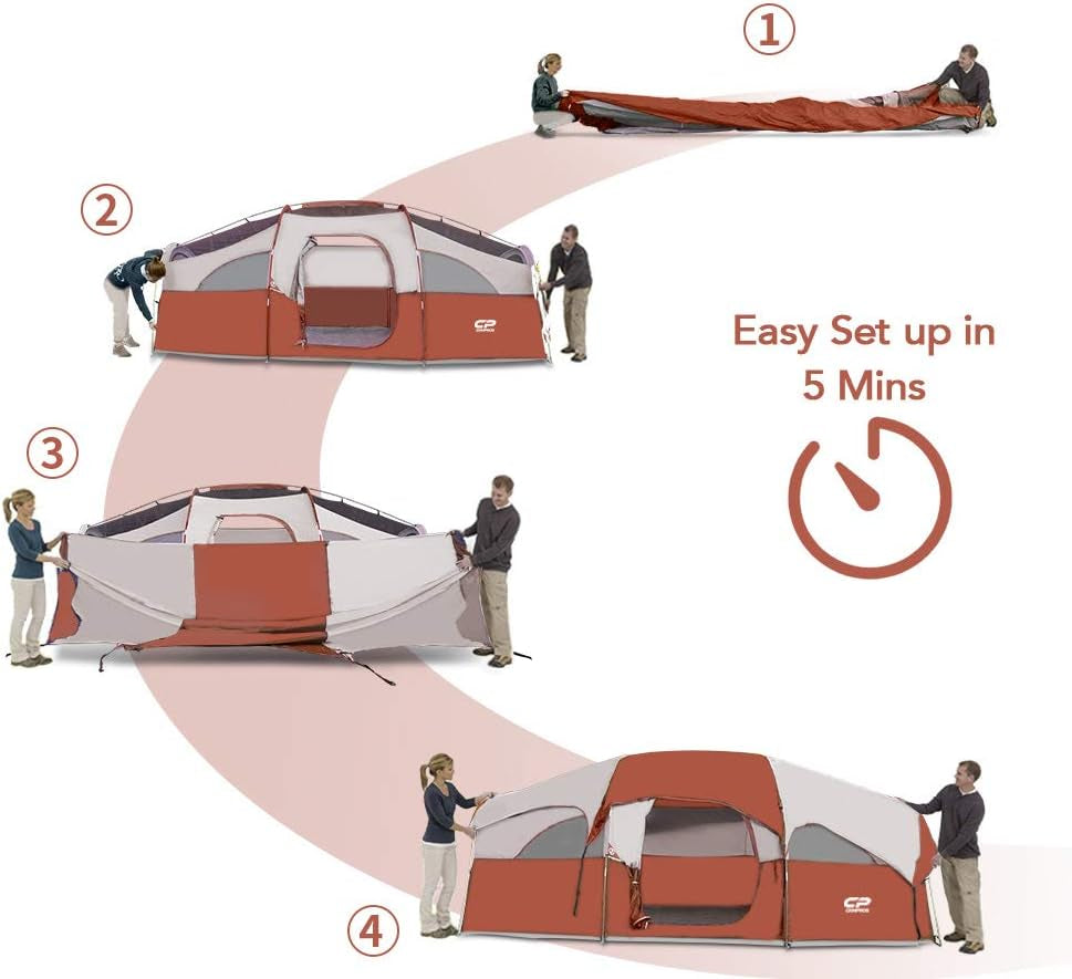 Tent 8 Person Camping Tents, Weather Resistant Family Tent, 5 Large Mesh Windows, Double Layer, Divided Curtain for Separated Room, Portable with Carry Bag