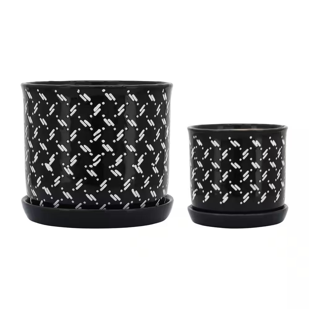 6 In. and 8 In. Black Ceramic Dots Saucer Decorative Pots (Set of 2)