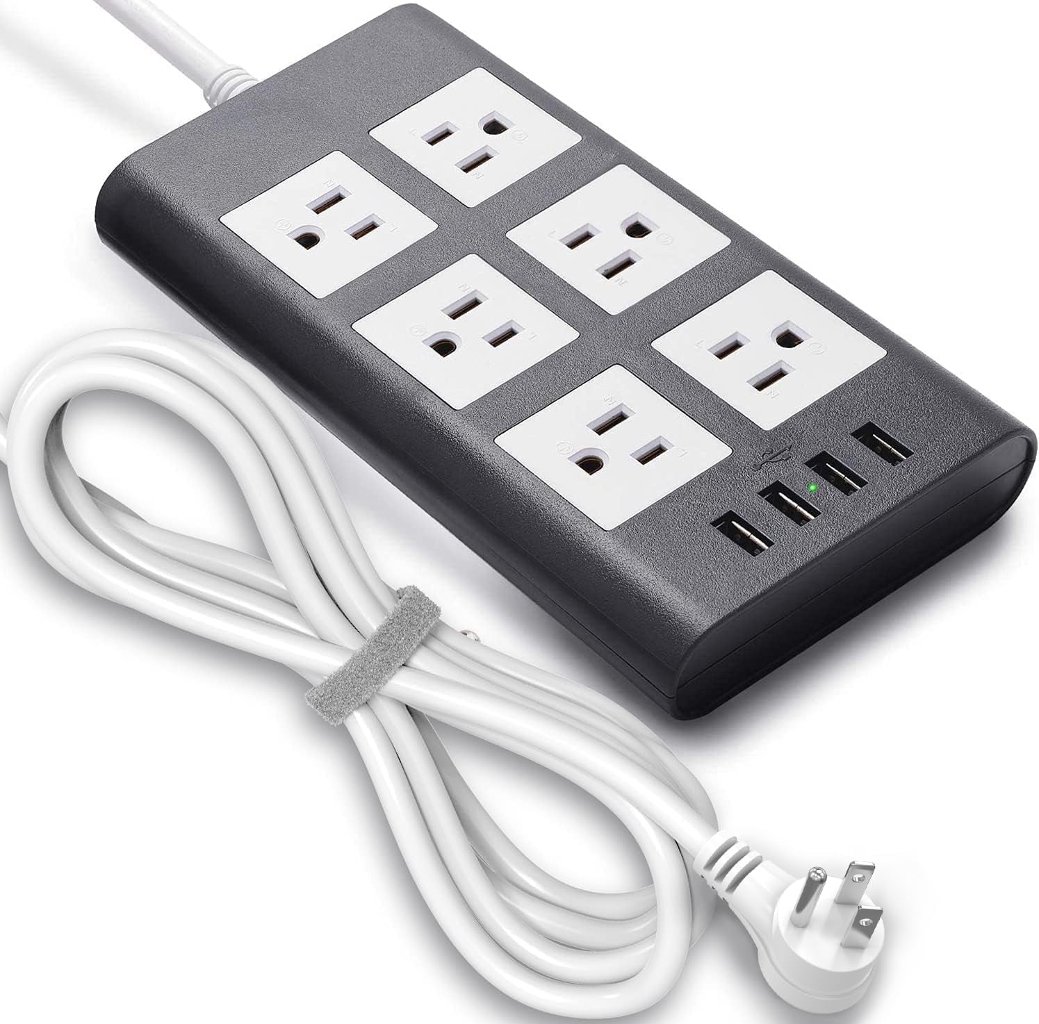 10 Ft 15A Power Strip, 6 Outlets 4 USB Ports Surge Protector with 14AWG Extension Cord, Angle Flat Plug Adjustable Voltage 110V-240V for Kitchen Office Home Gaming Room,Gray White