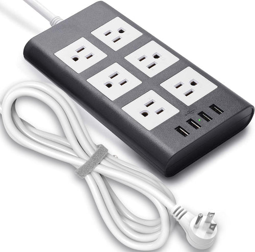 10 Ft 15A Power Strip, 6 Outlets 4 USB Ports Surge Protector with 14AWG Extension Cord, Angle Flat Plug Adjustable Voltage 110V-240V for Kitchen Office Home Gaming Room,Gray White