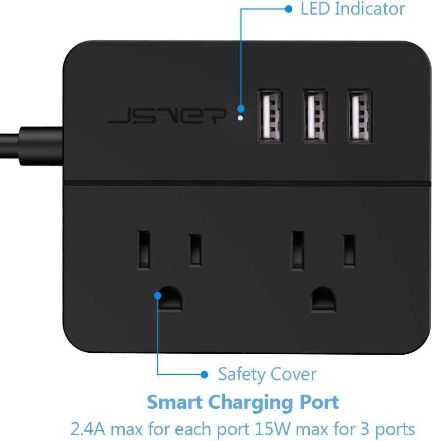 USB Power Strip  Power Strip with 3 USB, Power Strip Surge Protector, 2 AC Outlet Strip, USB Charging Station with 3.94Ft Extension Cord, Mini Power Cord for Home, Office, Dorm, Travel (Black)