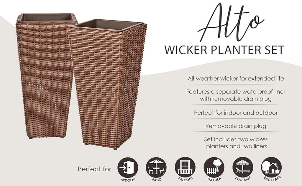 62501 Alto Wicker All-Weather Planter Set with Liners Tall Plant Decor Box for Outdoors Patio Herb Garden Furnishings - Mocha - Pack of 2