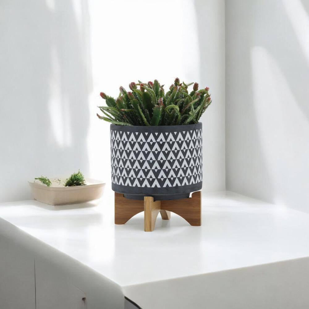 8 In. X 9 In. Gray/White Ceramic Aztec Planter on Wooden Stand