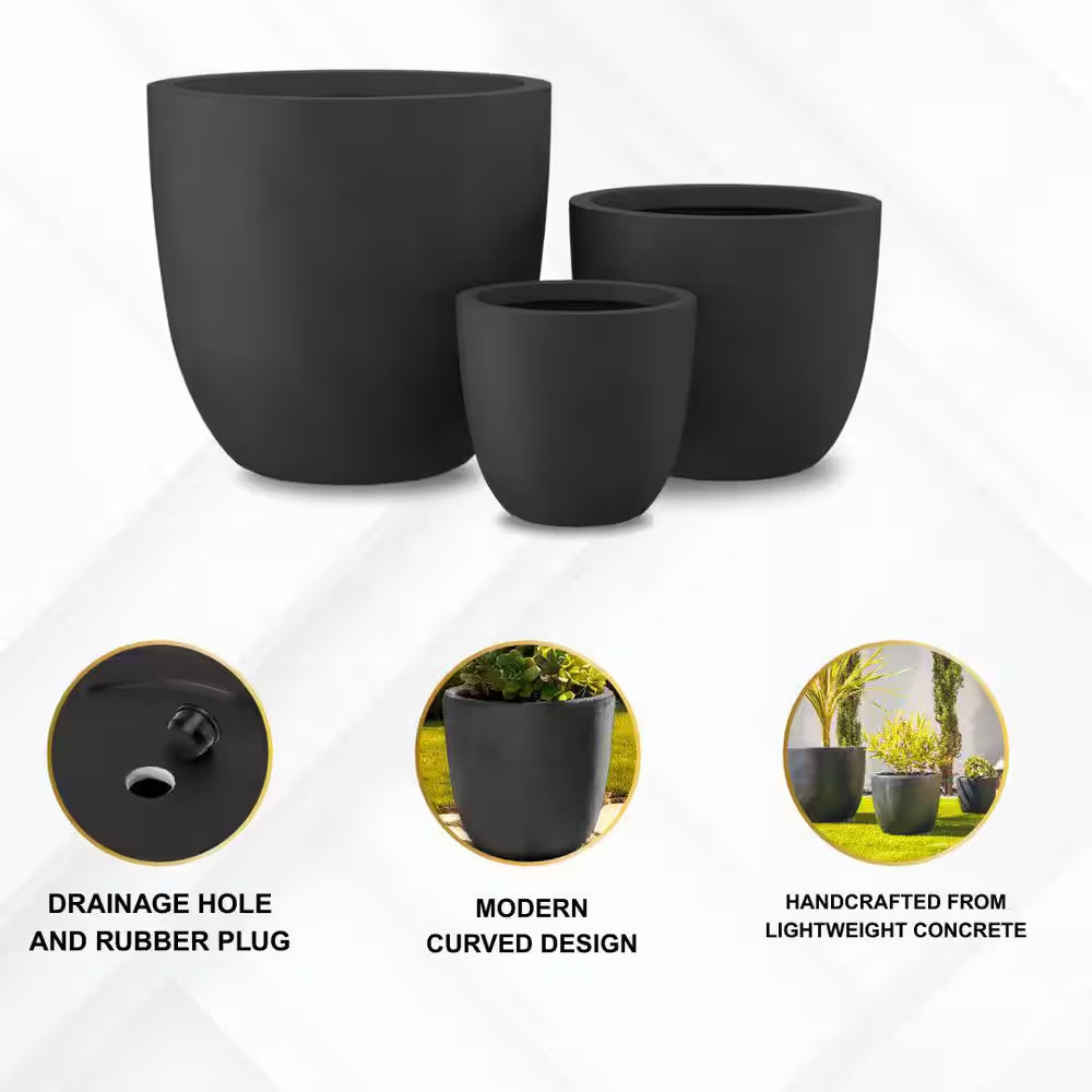 18 In. 14 In. and 10 In. W Weathered Concrete round Planters (Set of 3), Lightweight, Seamless with Drainage Hole