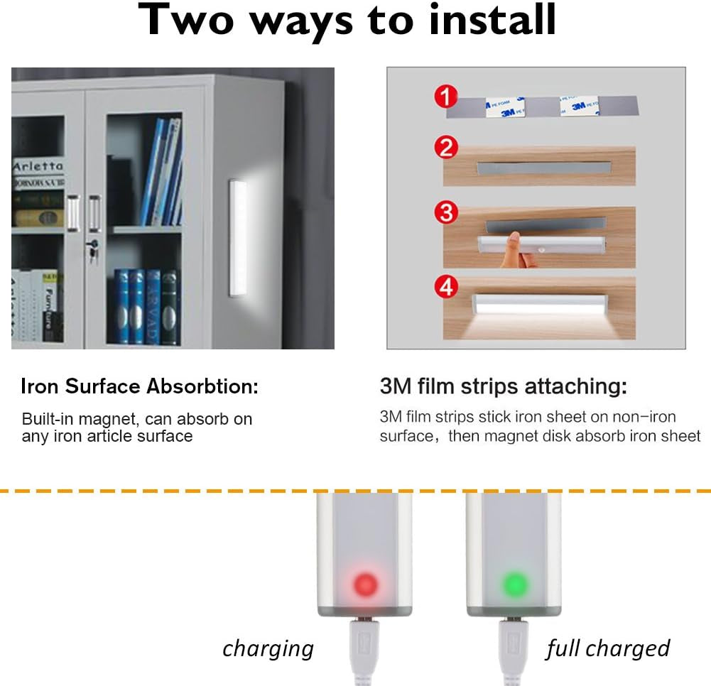 Wireless Motion Sensor Cabinet Lights 10-LED USB Rechargeable Closet Lights LED under Cabinet Lighting for Wardrobe/Drawer/Stairs/Cupboard/Counter/Pantry/Stairs,Stick on Anywhere,2 Pack,White Light