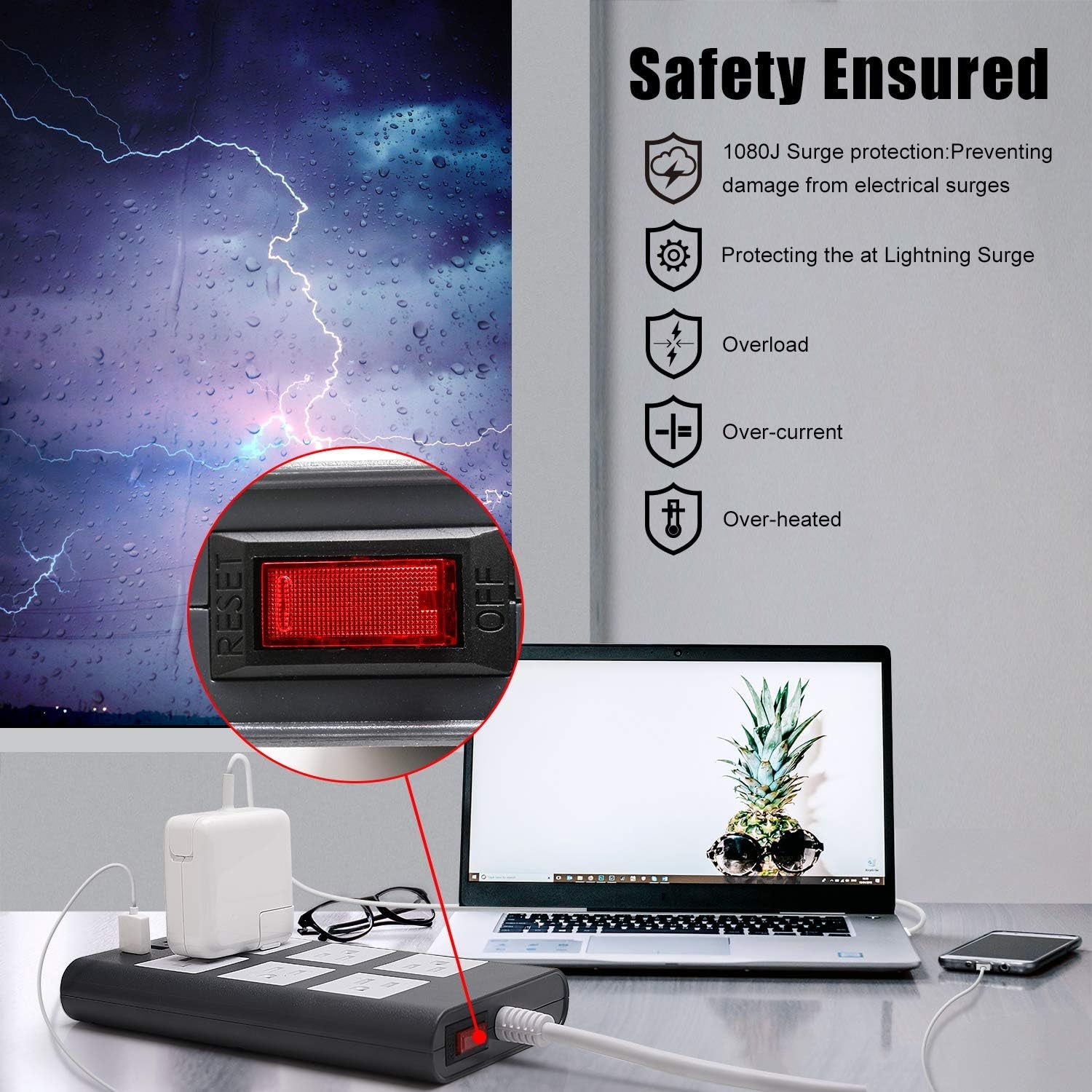 10 Ft 15A Power Strip, 6 Outlets 4 USB Ports Surge Protector with 14AWG Extension Cord, Angle Flat Plug Adjustable Voltage 110V-240V for Kitchen Office Home Gaming Room,Gray White