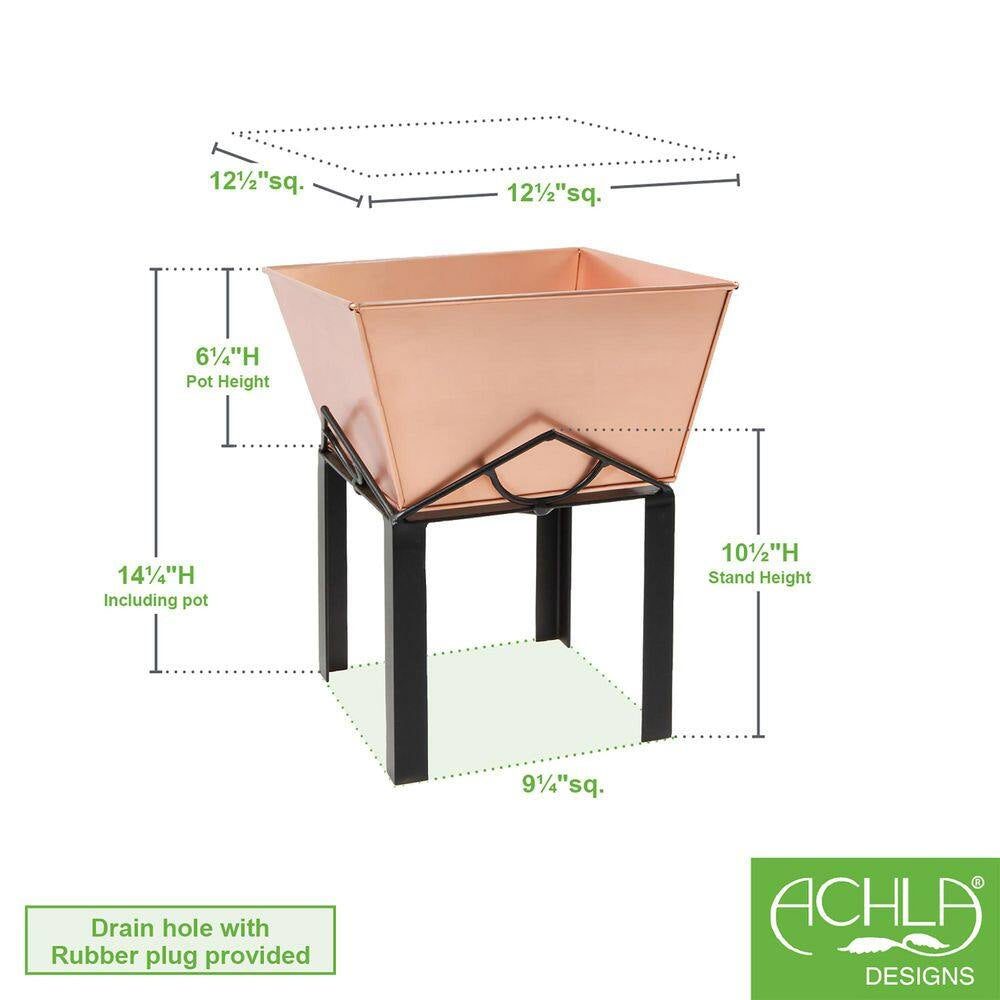 14.3 In. H Square Copper Plated Galvanized Steel Flower Box with Black Wrought Iron Plant Stand Planter