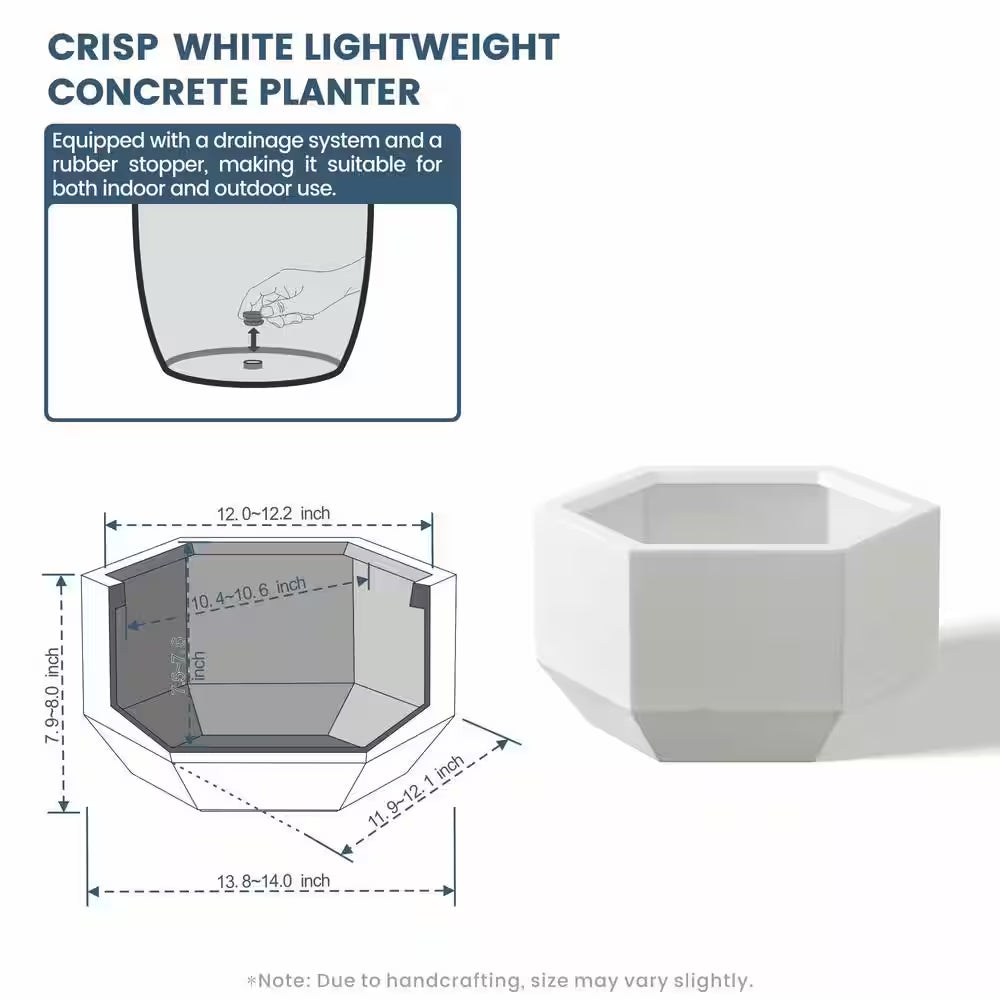 Lightweight 8 In. H Large Crisp White Geometric Concrete Plant Pot/Planter for Indoor and Outdoor