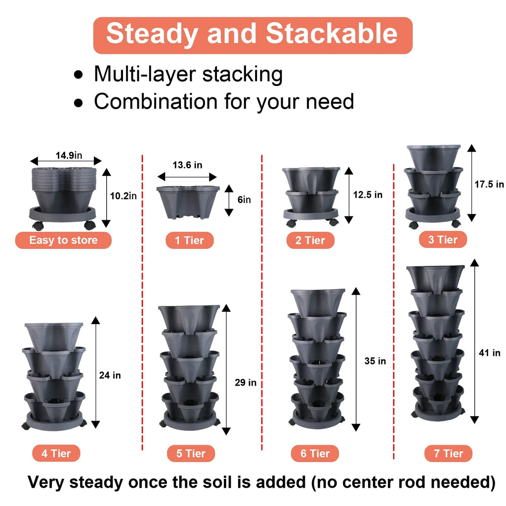 Stackable Planter with Wheels, Indoor Outdoor Pots - 7 Tier Vertical Garden Planter - Dark Gray,2 Set