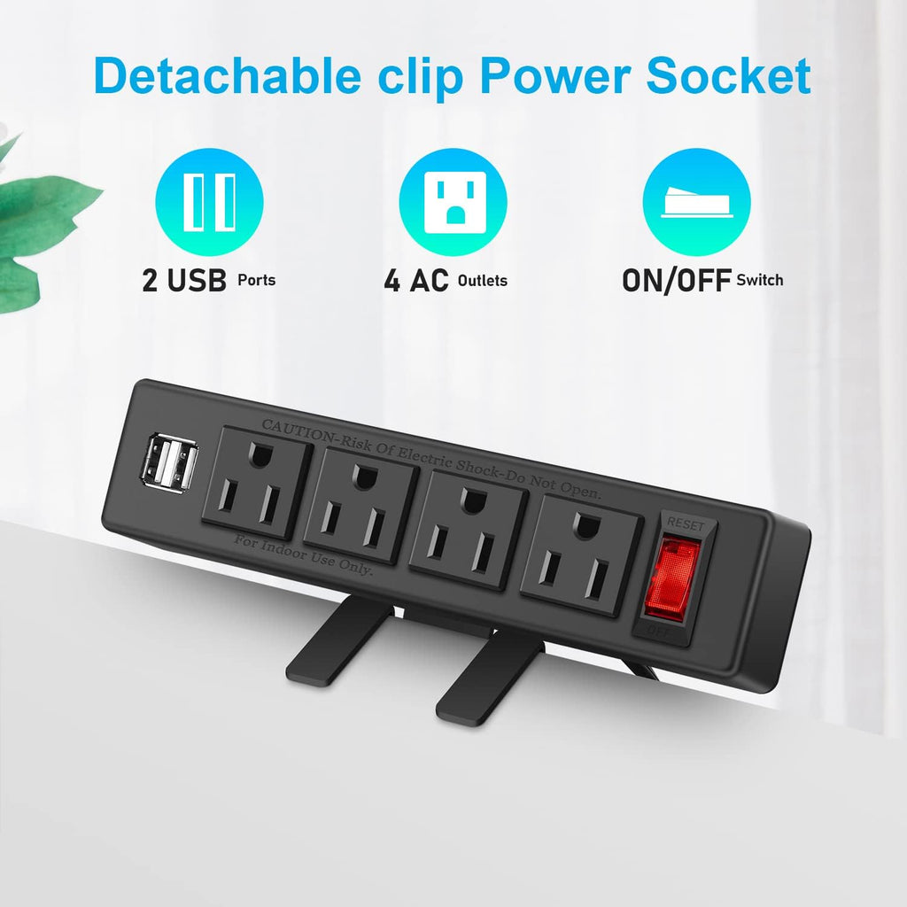 Desk Clamp Power Strip with USB Port Removable Clamp Power Outlet Socket with Switch 6.5 Ft Extension Cord Connect 4 Plugs for Home Office Reading