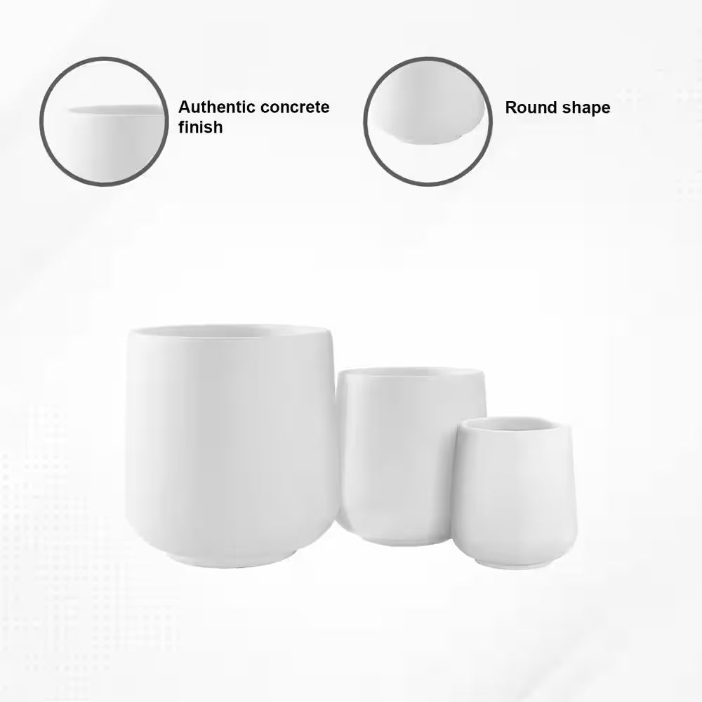 17.3", 13.4", and 10.6"H round Pure White Concrete Planter (Set of 3), Outdoor Indoor Planter Pots with Drainage Holes