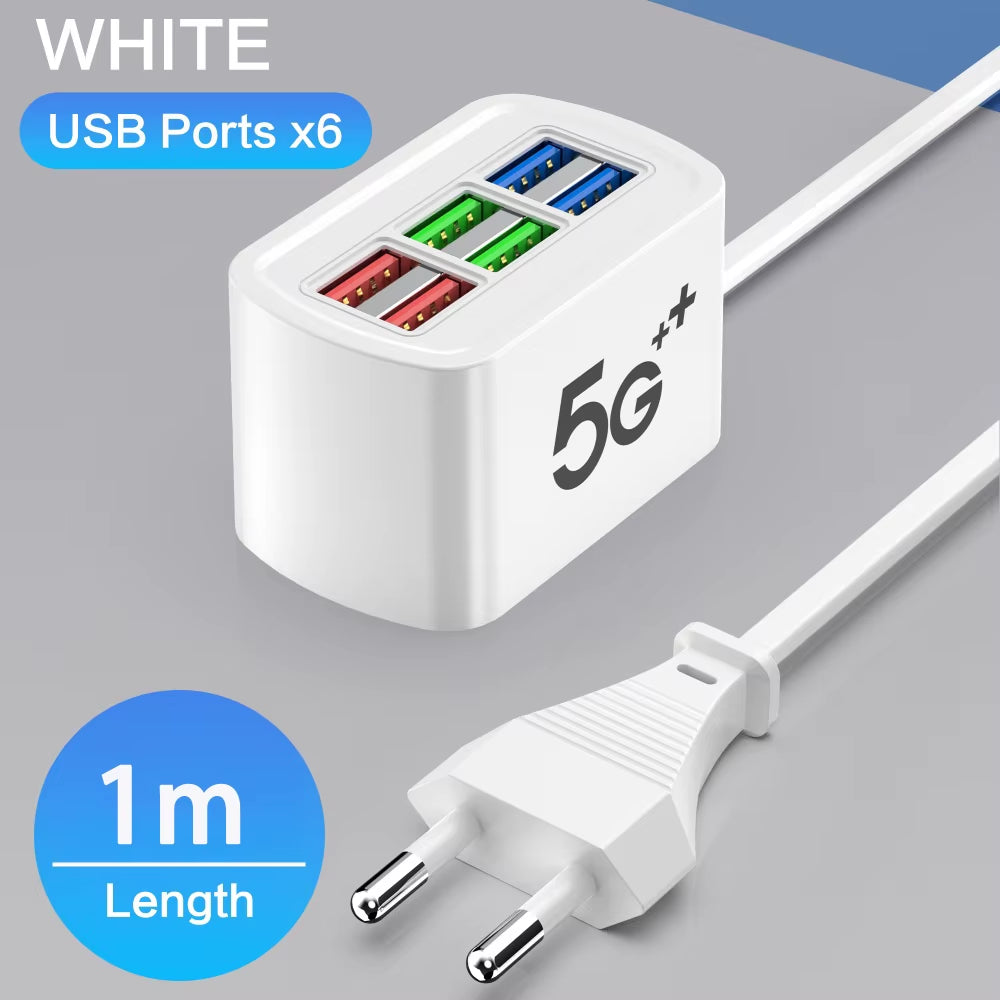 Fast USB Charger 6 in 1 Power Strip Desktop Charging Station Fast Charging 1M Cord USB HUB Adapter Socket for Iphone 16 Home