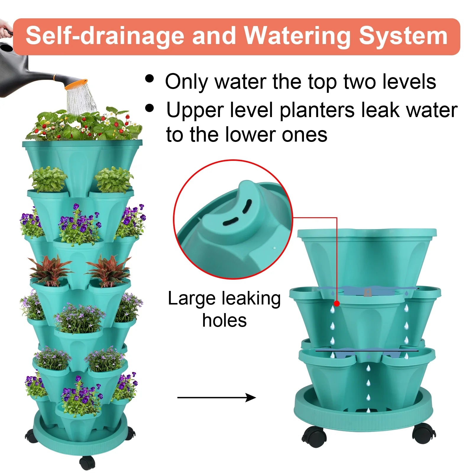 Stackable Planter with Wheels and Tools, Indoor Outdoor Gardening Pots - 7 Tier Vertical Garden Planter - Teal, 2 Set