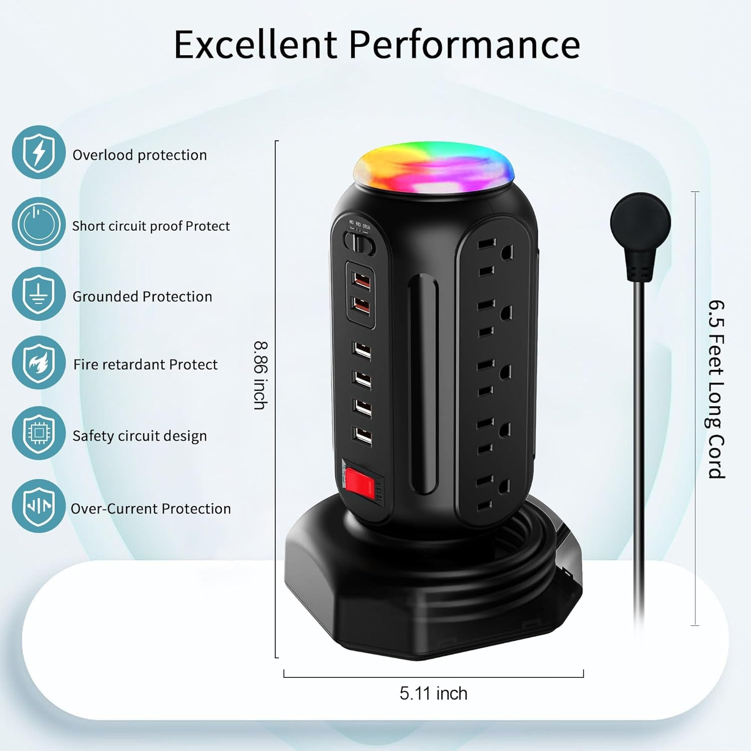 Power Strip Tower with Colorful Nightlight, 15 AC Outlets and 6 Fasting USB Ports, Retractable Extension Cord with Multiple Outlets, 900 J Surge Protector with Right Flat Plug (Black)