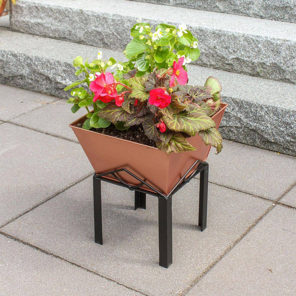 14.3 In. H Square Copper Plated Galvanized Steel Flower Box with Black Wrought Iron Plant Stand Planter