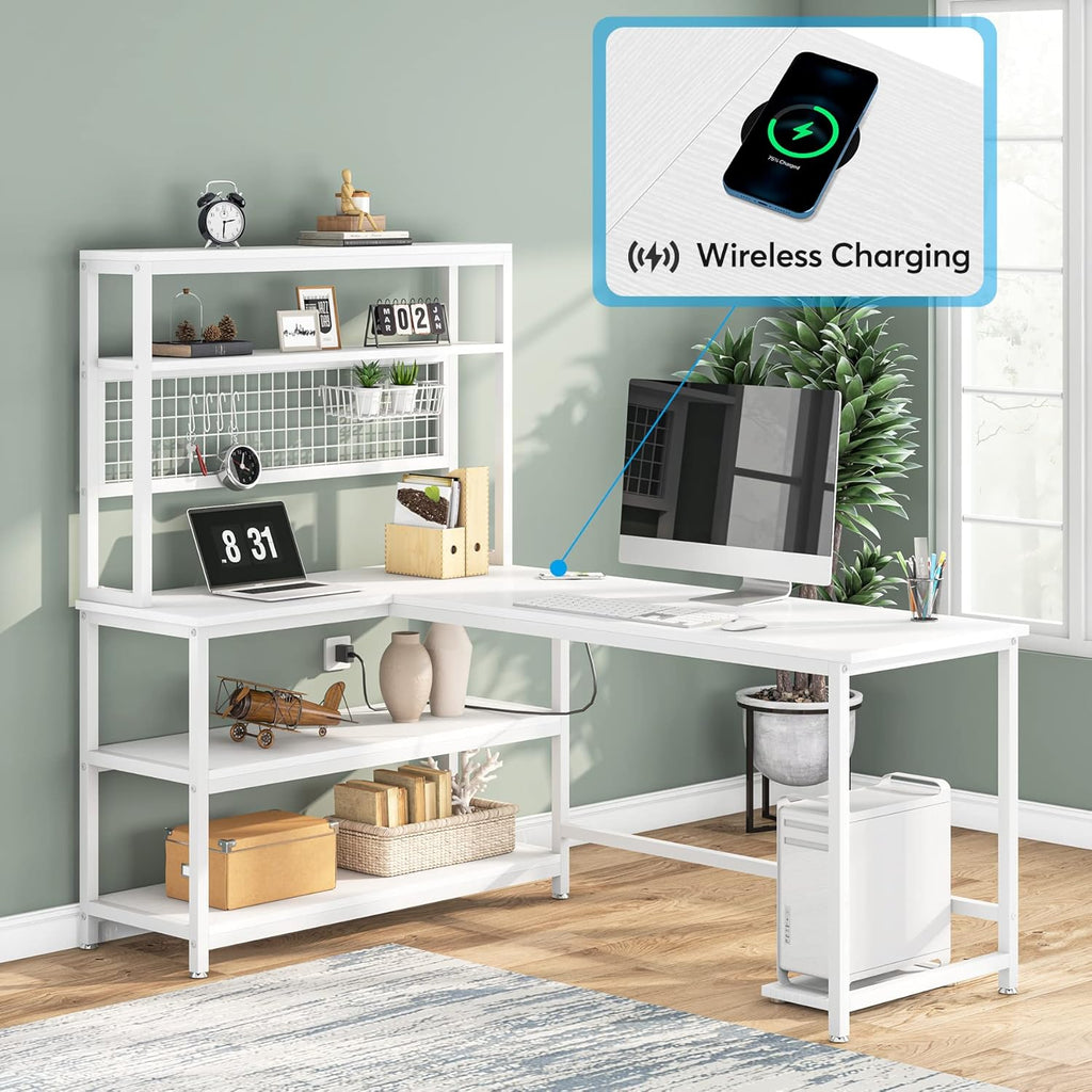 55" Large Computer Desk with Wireless Charging 5 Storage Shelves, Office Desk Study Table Writing Desk Workstation with Hutch Bookshelf for Home Office (All White)