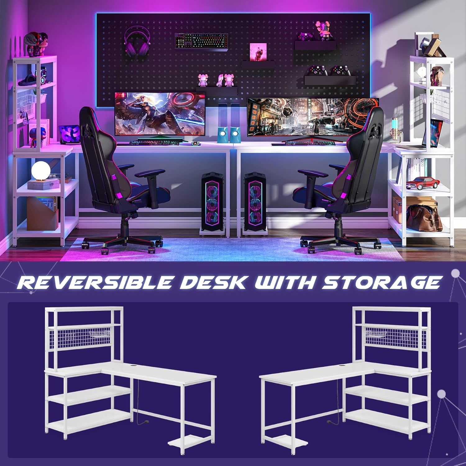 55" Large Computer Desk with Wireless Charging 5 Storage Shelves, Office Desk Study Table Writing Desk Workstation with Hutch Bookshelf for Home Office (All White)
