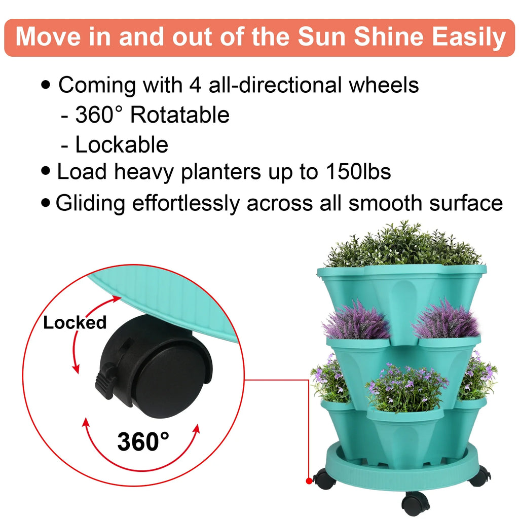 Stackable Planters 3 Tier Vertical Planters Strawberry, Herb, Flower, Vegetable Planter Indoor Outdoor Gardening Pots with Wheels and Tools-Teal
