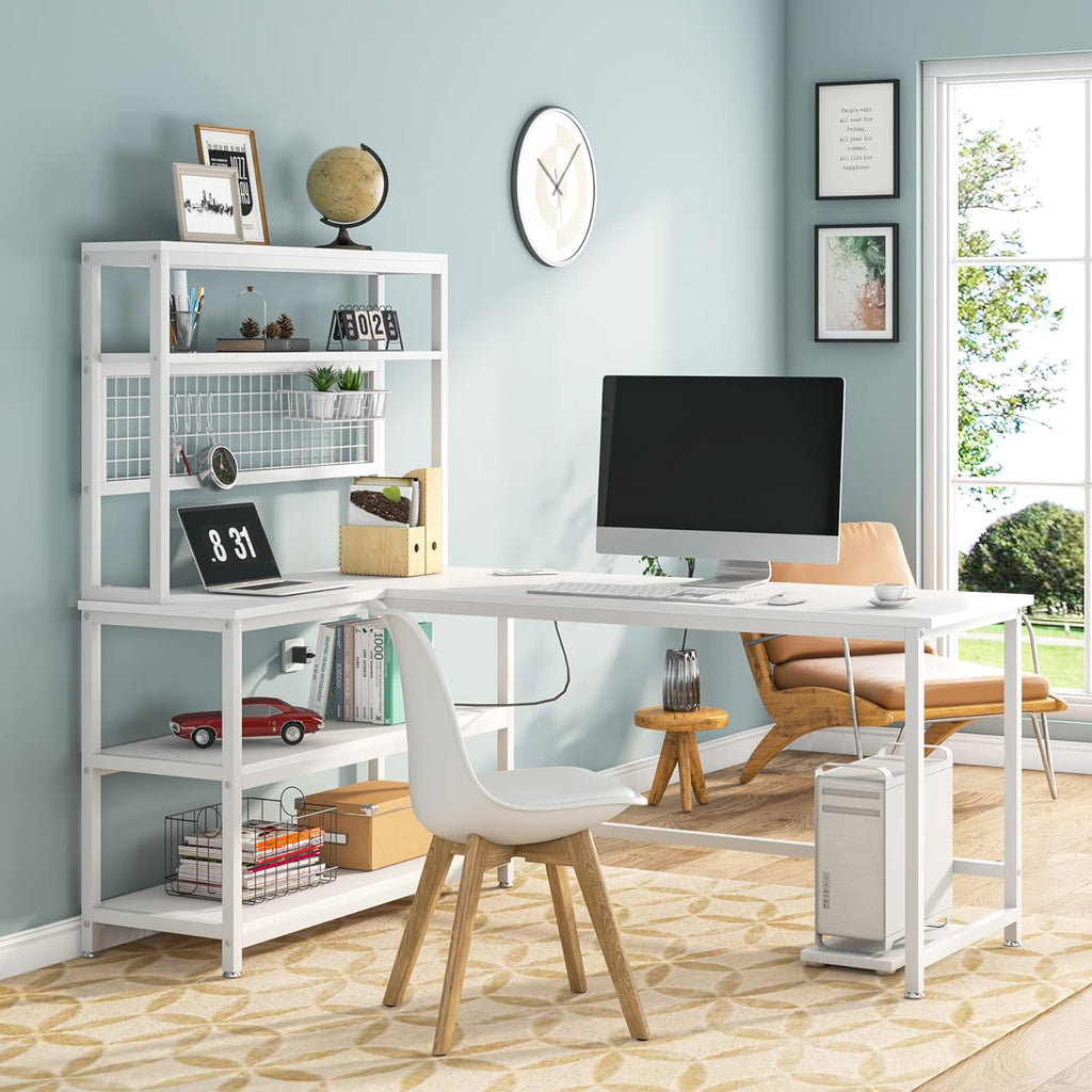55" Large Computer Desk with Wireless Charging 5 Storage Shelves, Office Desk Study Table Writing Desk Workstation with Hutch Bookshelf for Home Office (All White)