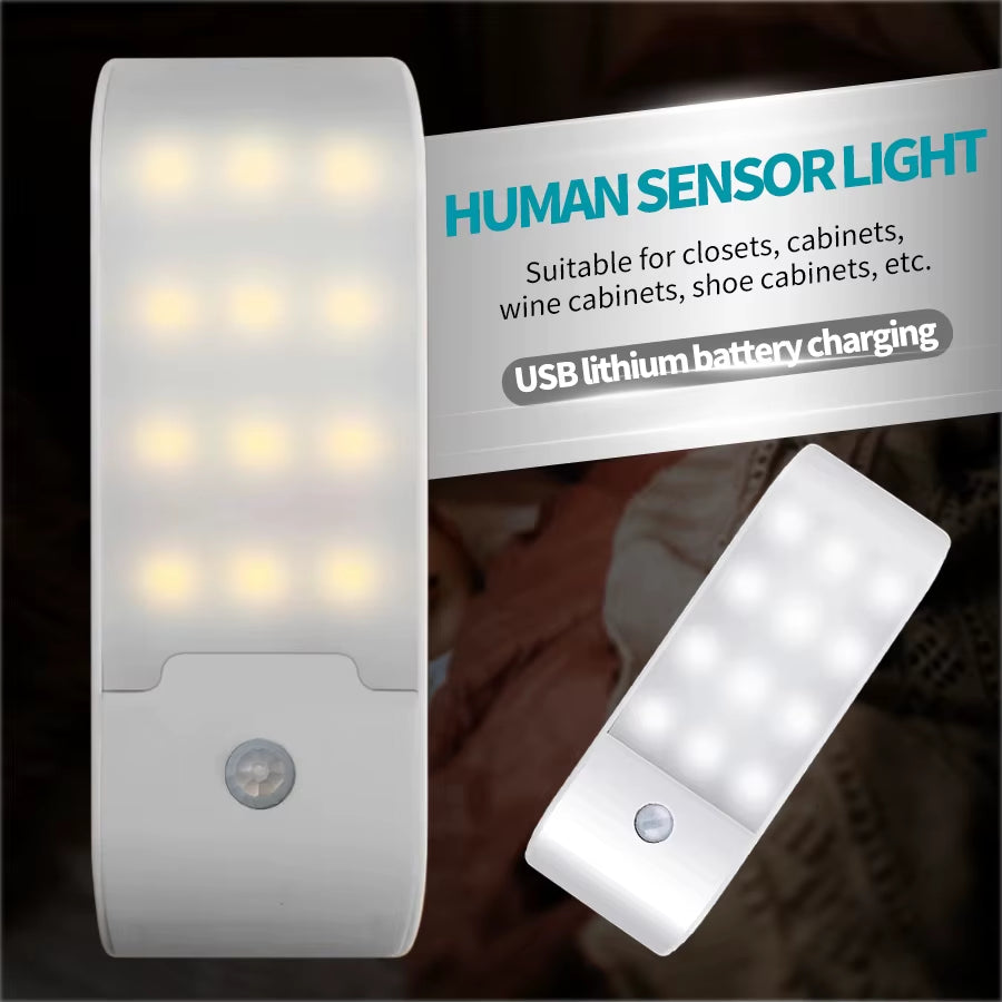 12LED Night Light Motion Sensor Rechargeable USB LED Lamp for Corridor Bathroom Closet Kitchen under Cabinet High Brightness