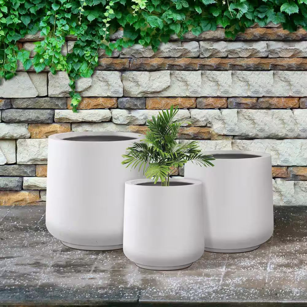 17.3", 13.4", and 10.6"H round Pure White Concrete Planter (Set of 3), Outdoor Indoor Planter Pots with Drainage Holes