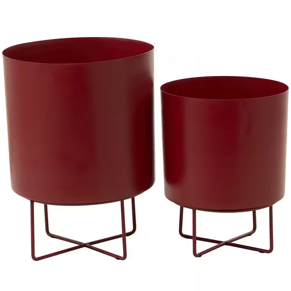 16 In. X 13 In. Red Metal Modern Planter  (Set of 2)