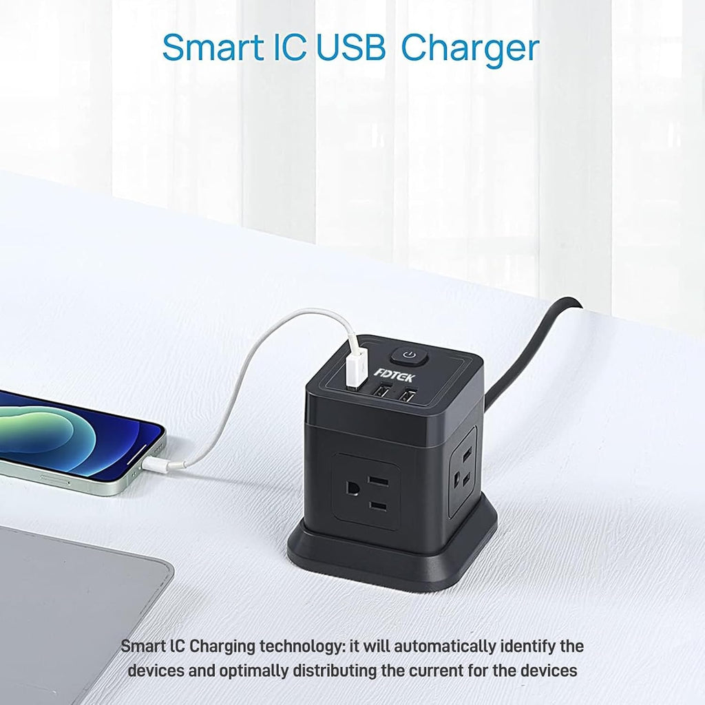 Power Strip with USB,  Flat Plug Extension Cord with 4 AC and 3 USB, 5 FT Power Cord Desktop Charging Station, Overload Protection, Compact Portable for Travel Home Office Cruise Ship - Black