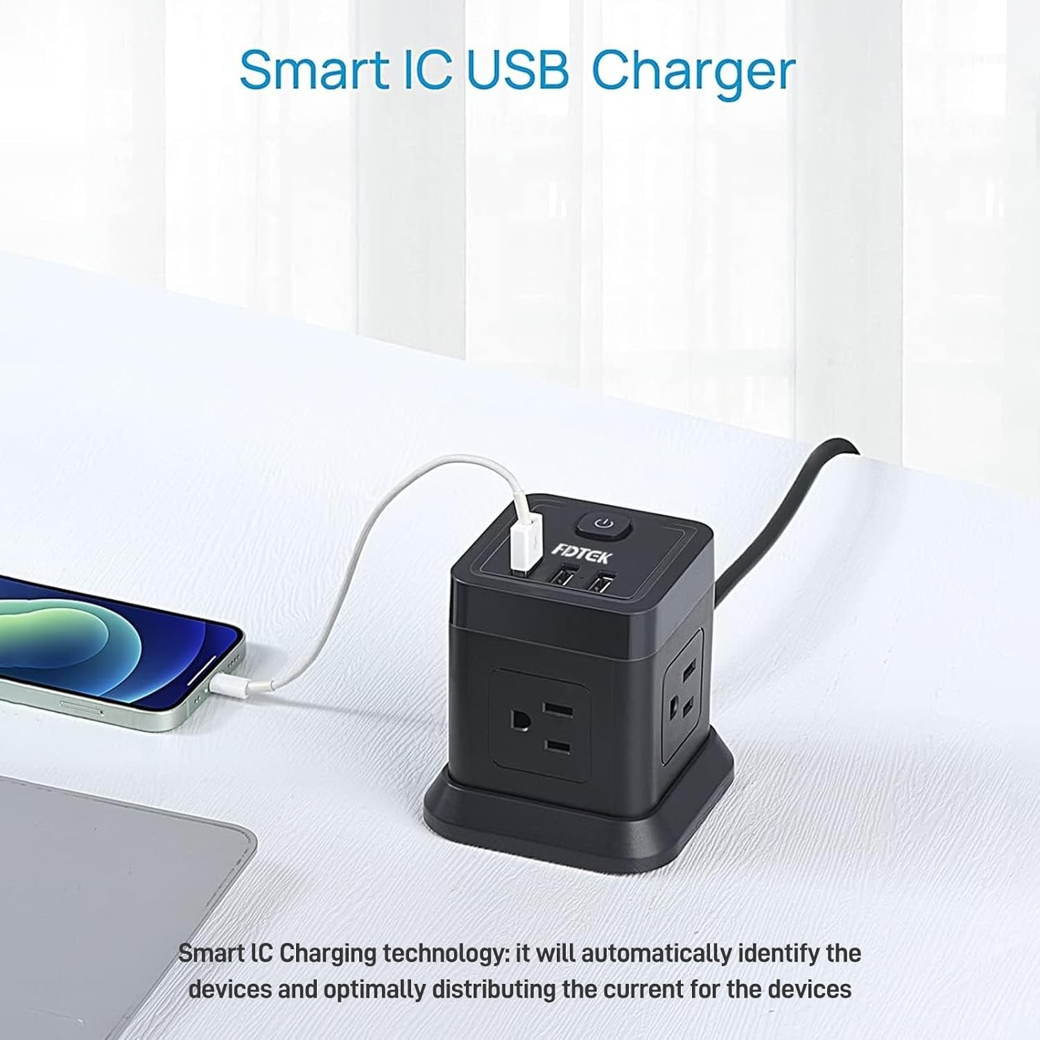 Power Strip with USB,  Flat Plug Extension Cord with 4 AC and 3 USB, 5 FT Power Cord Desktop Charging Station, Overload Protection, Compact Portable for Travel Home Office Cruise Ship - Black