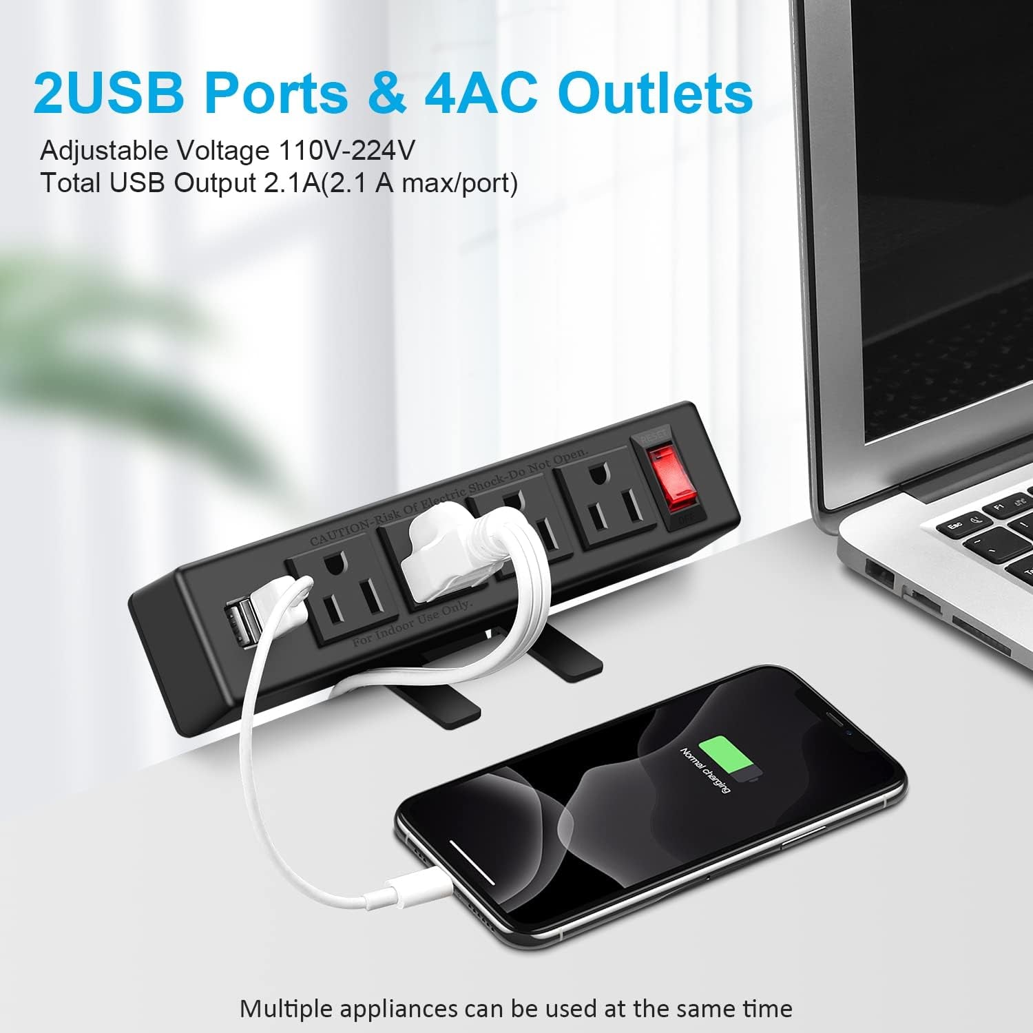 Desk Clamp Power Strip with USB Port Removable Clamp Power Outlet Socket with Switch 6.5 Ft Extension Cord Connect 4 Plugs for Home Office Reading