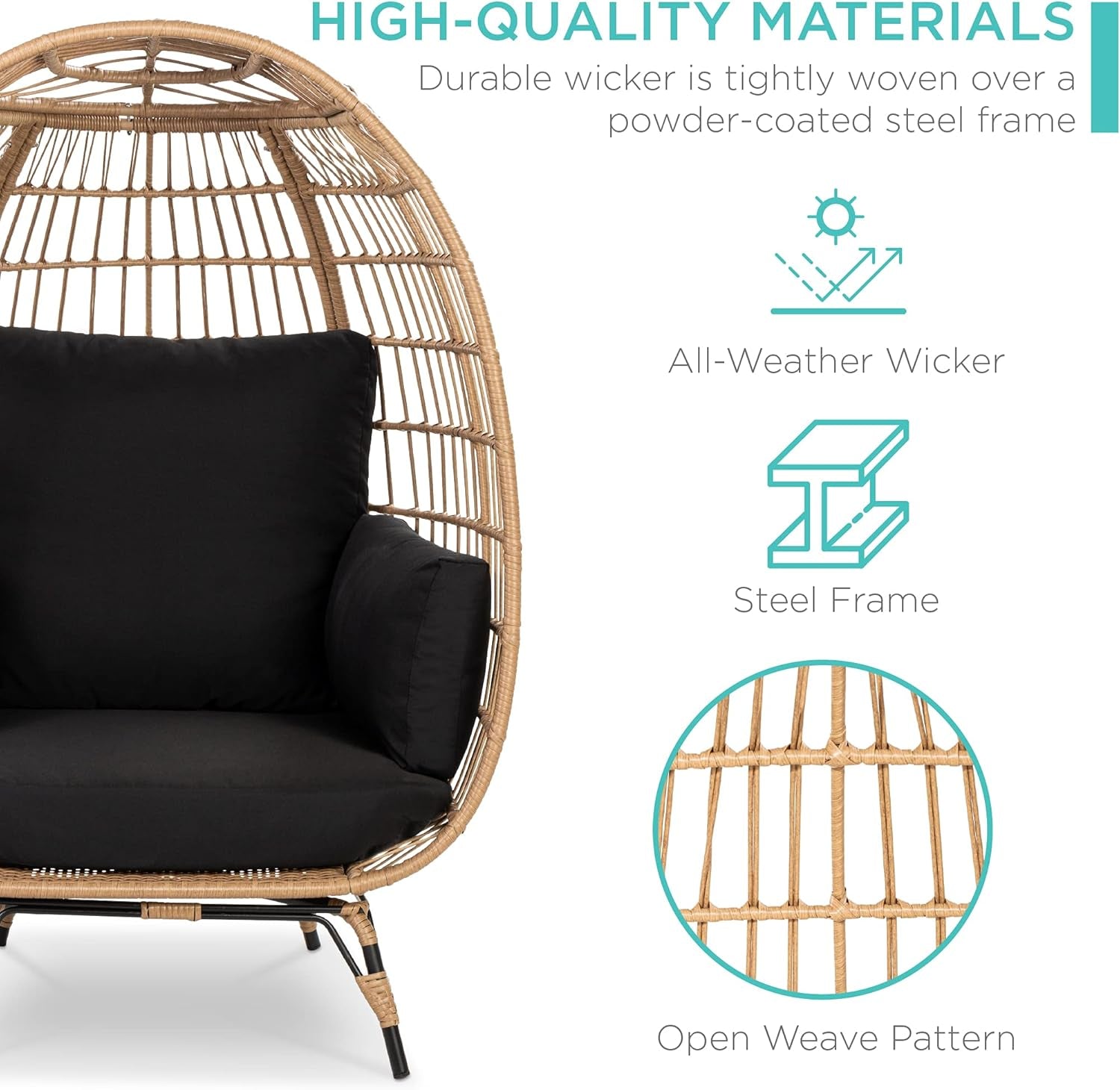 Wicker Egg Chair, Oversized Indoor Outdoor Lounger for Patio, Backyard, Living Room W/ 4 Cushions, Steel Frame, 440Lb Capacity - Black
