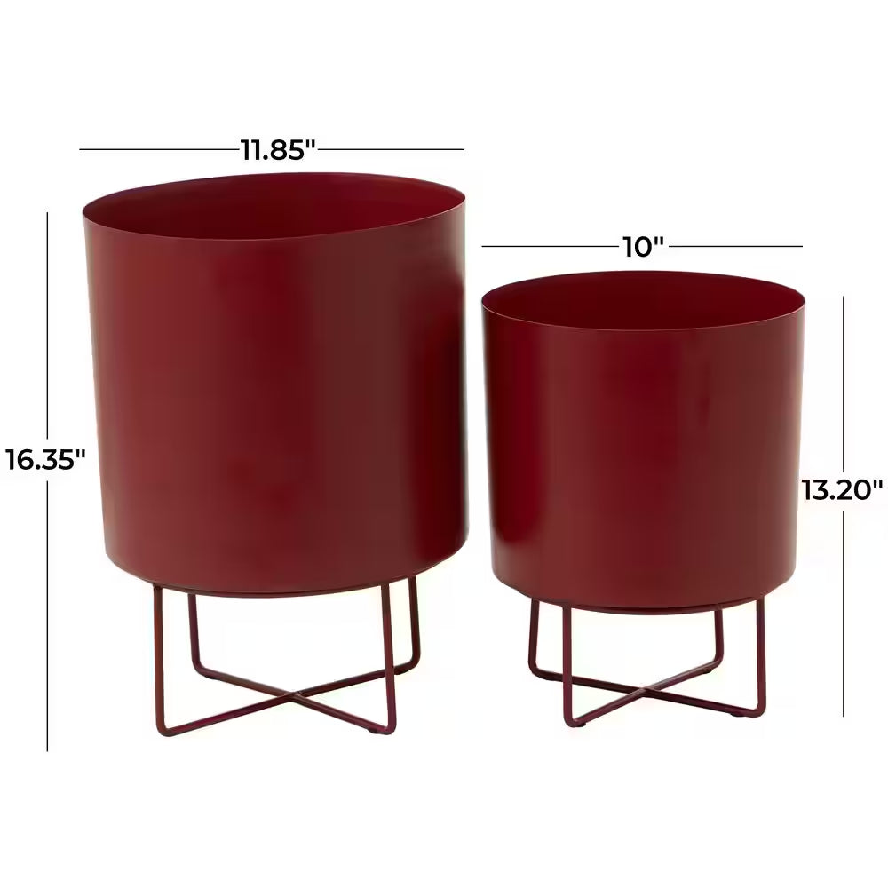 16 In. X 13 In. Red Metal Modern Planter  (Set of 2)