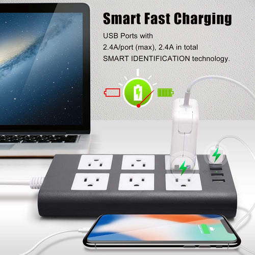 10 Ft 15A Power Strip, 6 Outlets 4 USB Ports Surge Protector with 14AWG Extension Cord, Angle Flat Plug Adjustable Voltage 110V-240V for Kitchen Office Home Gaming Room,Gray White
