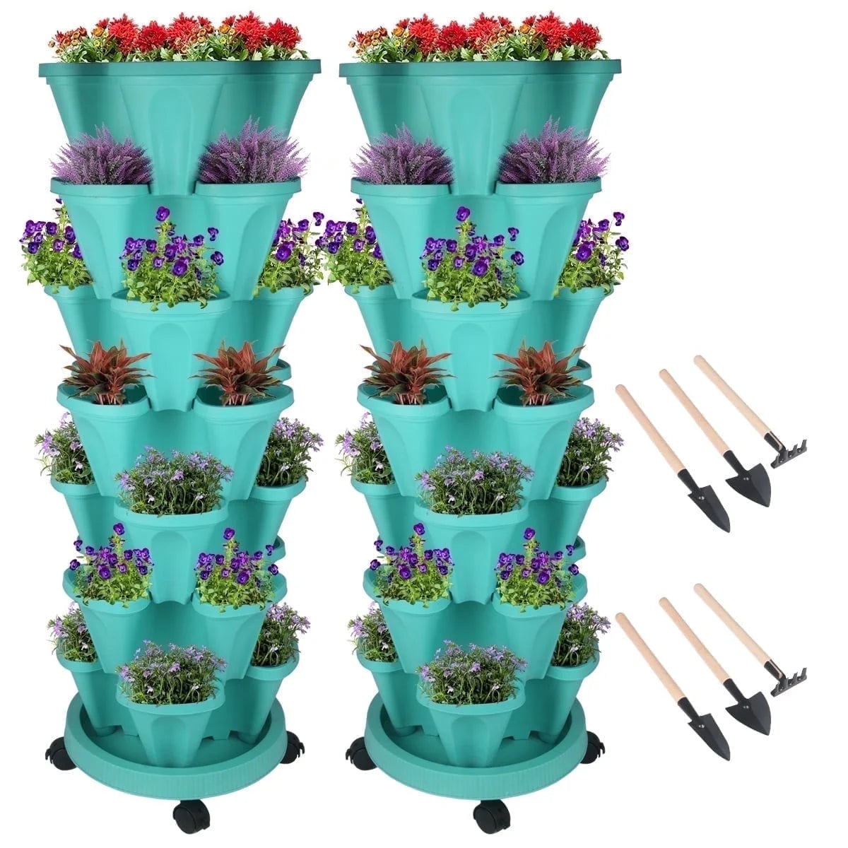 Stackable Planter with Wheels and Tools, Indoor Outdoor Gardening Pots - 7 Tier Vertical Garden Planter - Teal, 2 Set