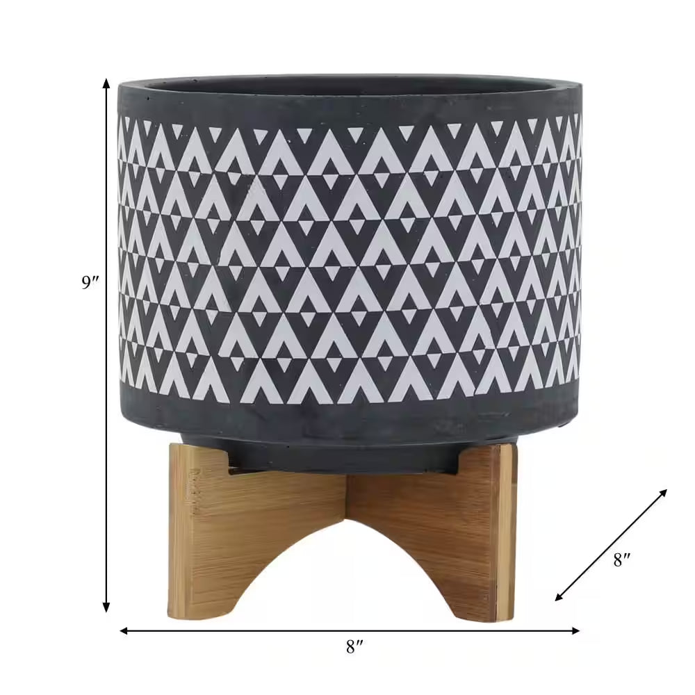 8 In. X 9 In. Gray/White Ceramic Aztec Planter on Wooden Stand