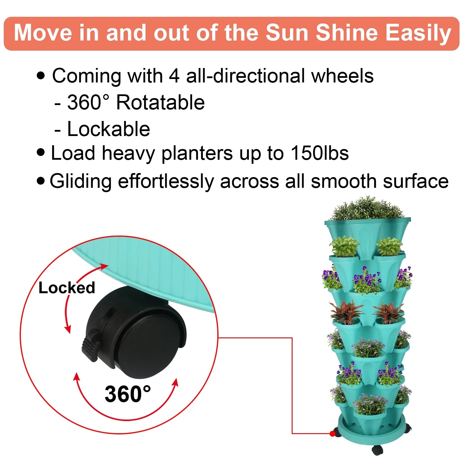 Stackable Planter with Wheels and Tools, Indoor Outdoor Gardening Pots - 7 Tier Vertical Garden Planter - Teal, 2 Set