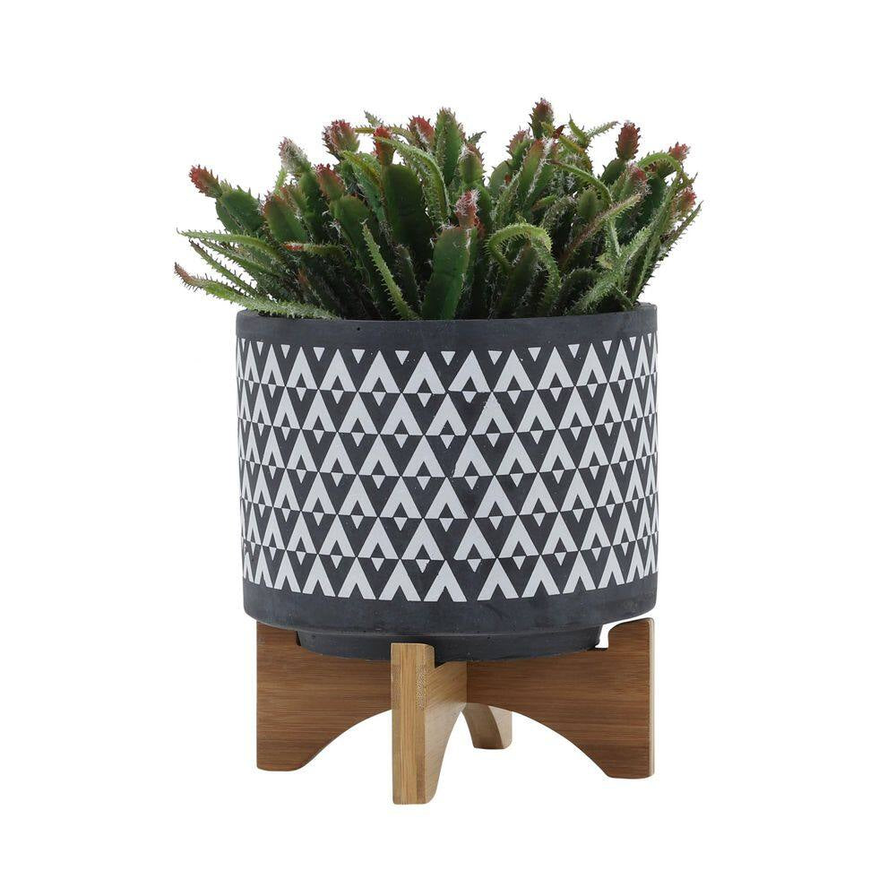8 In. X 9 In. Gray/White Ceramic Aztec Planter on Wooden Stand