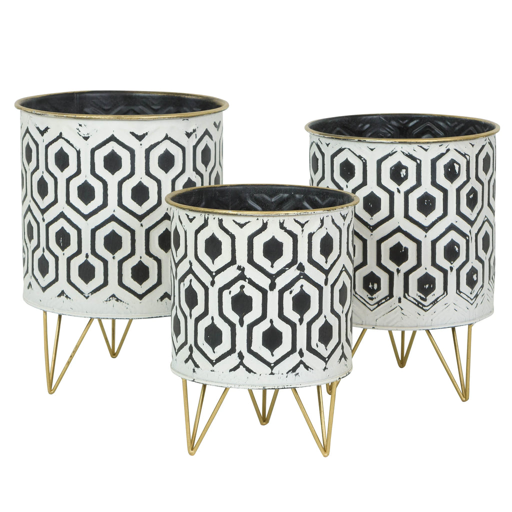 Andrey Black/White Hexagonal Indoor Metal Pot Planters (Set of 3) - 11.5"H X 8.5"W X 8.5"D