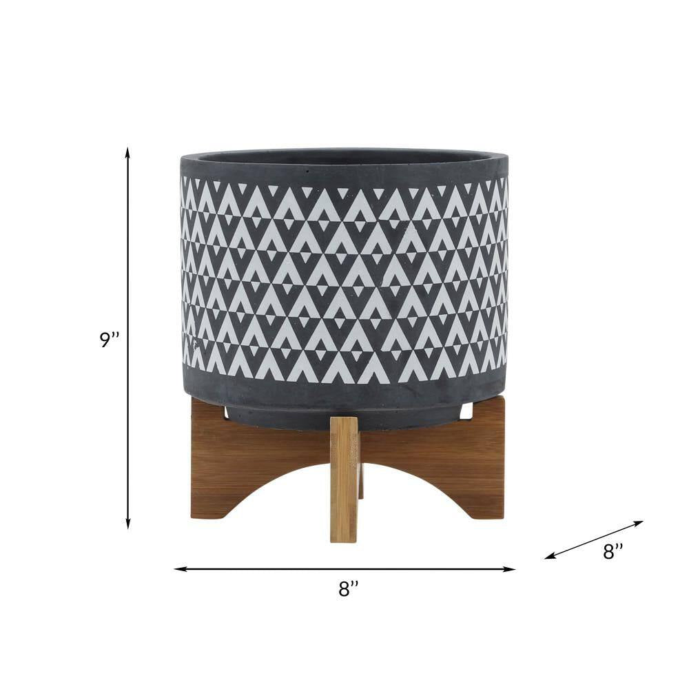 8 In. X 9 In. Gray/White Ceramic Aztec Planter on Wooden Stand