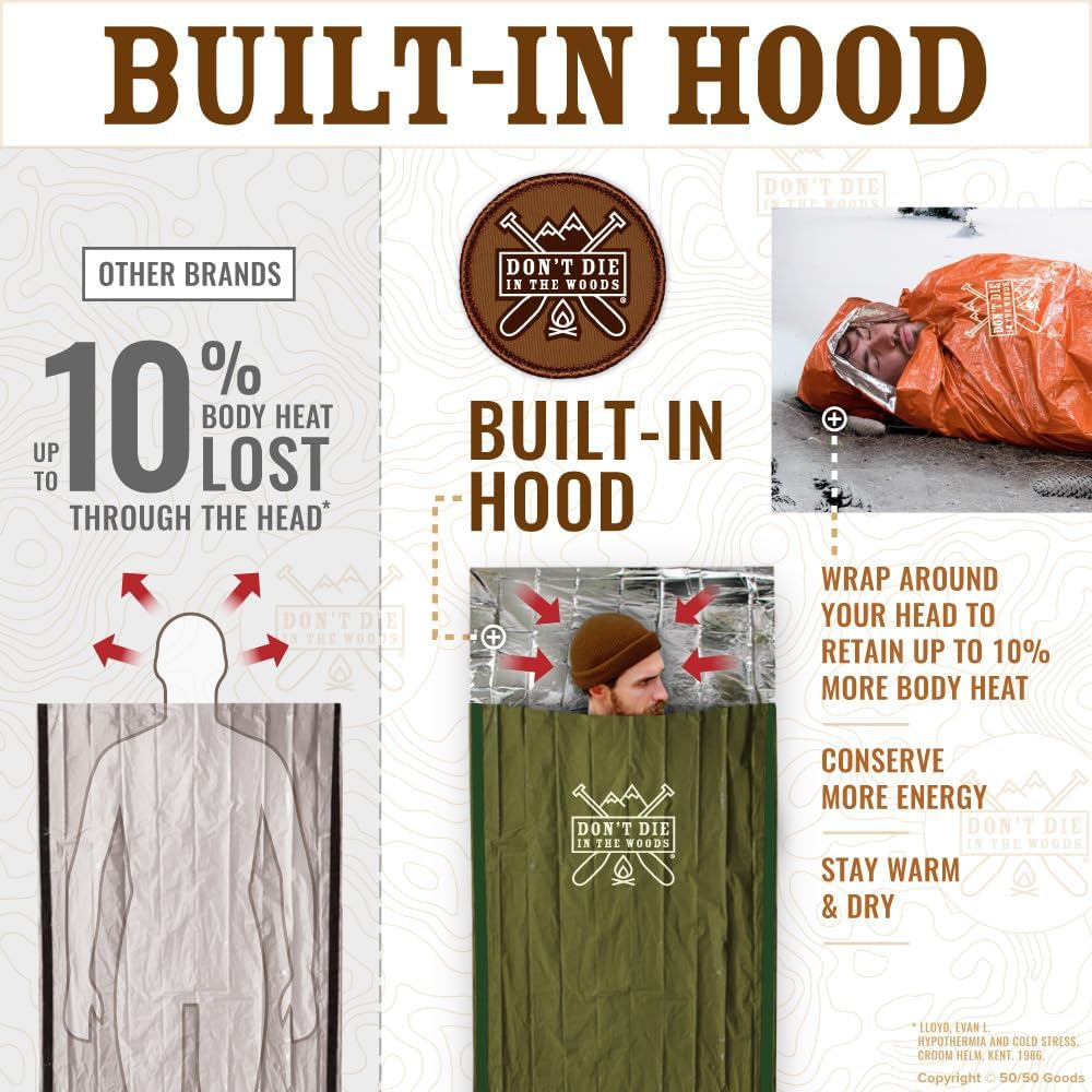 Don’T Die in the Woods - Survival Bivy - Emergency Sleeping Bag with Hood - Made with Extra-Thick Space Blanket Thermal Mylar - One of the 10 Essentials for Hiking, Camping, First Aid Kits