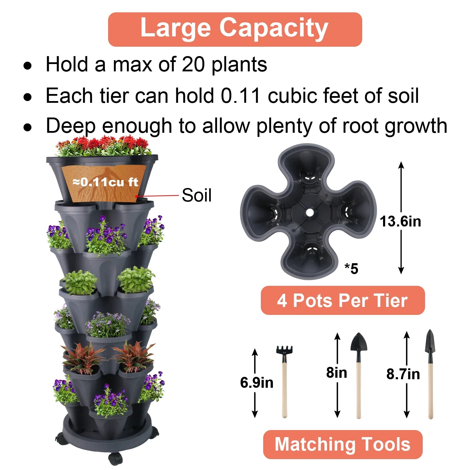 Stackable Planter with Wheels, Indoor Outdoor Pots - 7 Tier Vertical Garden Planter - Dark Gray,2 Set
