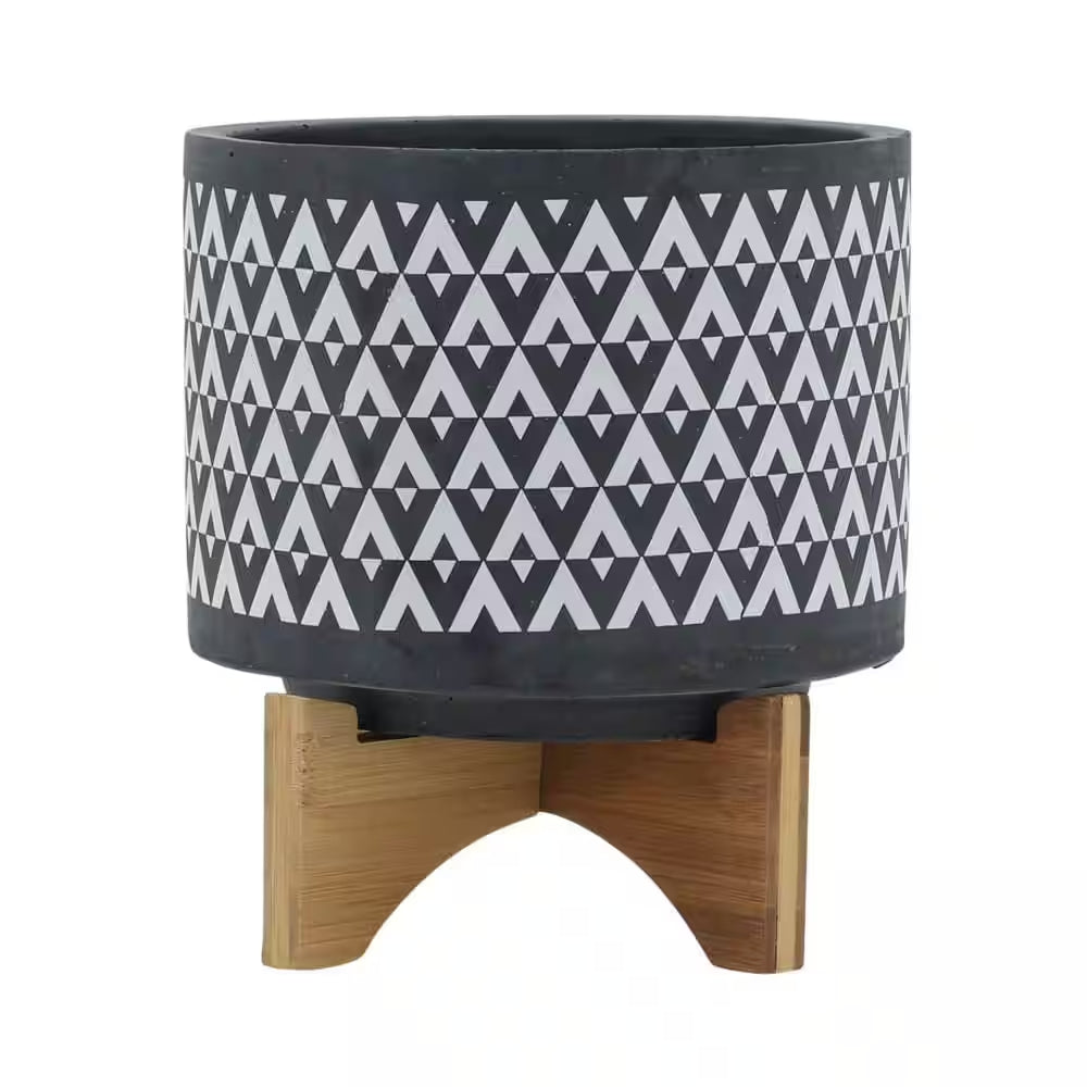 8 In. X 9 In. Gray/White Ceramic Aztec Planter on Wooden Stand