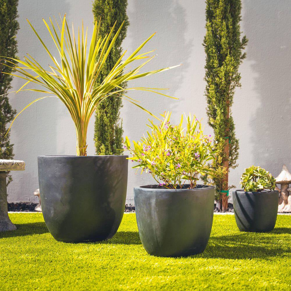 18 In. 14 In. and 10 In. W Weathered Concrete round Planters (Set of 3), Lightweight, Seamless with Drainage Hole