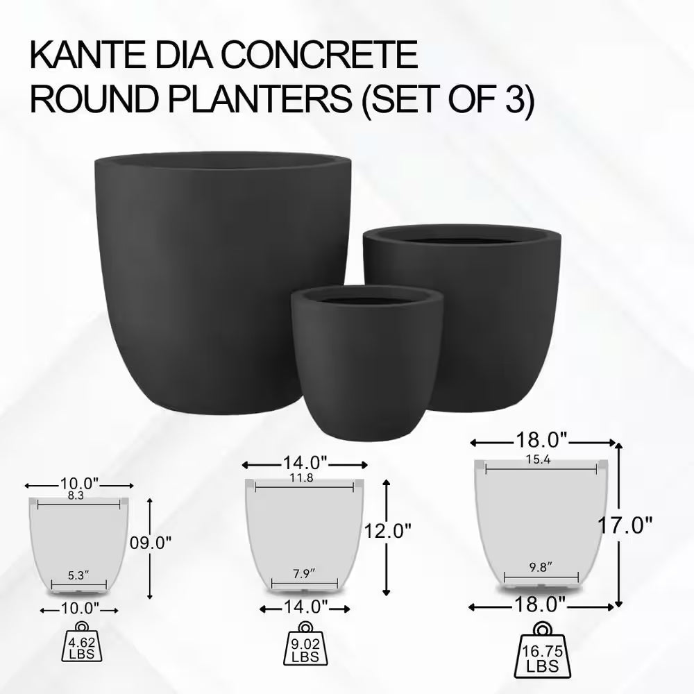 18 In. 14 In. and 10 In. W Weathered Concrete round Planters (Set of 3), Lightweight, Seamless with Drainage Hole