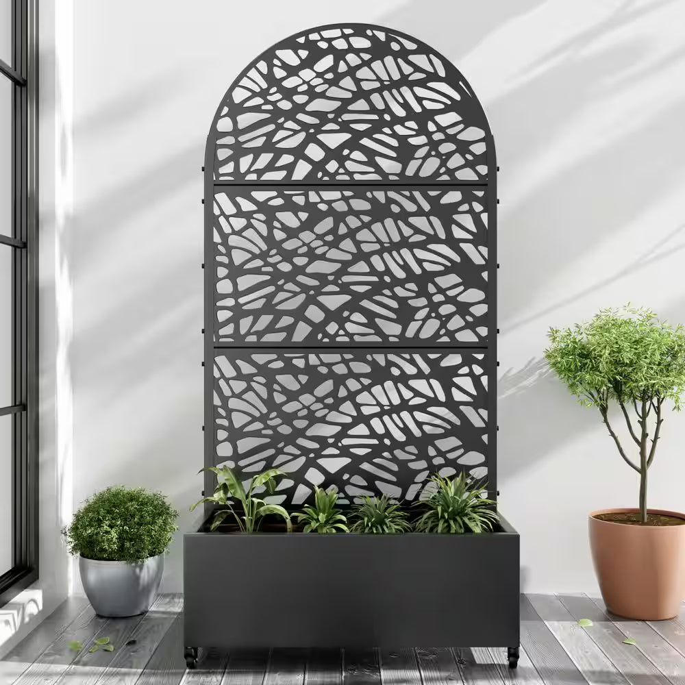 73 In. H X 35 In. W Black Metal Arch Wall Planter Box with Trellis for Climbing Plants