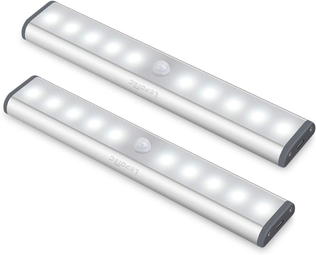 Wireless Motion Sensor Cabinet Lights 10-LED USB Rechargeable Closet Lights LED under Cabinet Lighting for Wardrobe/Drawer/Stairs/Cupboard/Counter/Pantry/Stairs,Stick on Anywhere,2 Pack,White Light