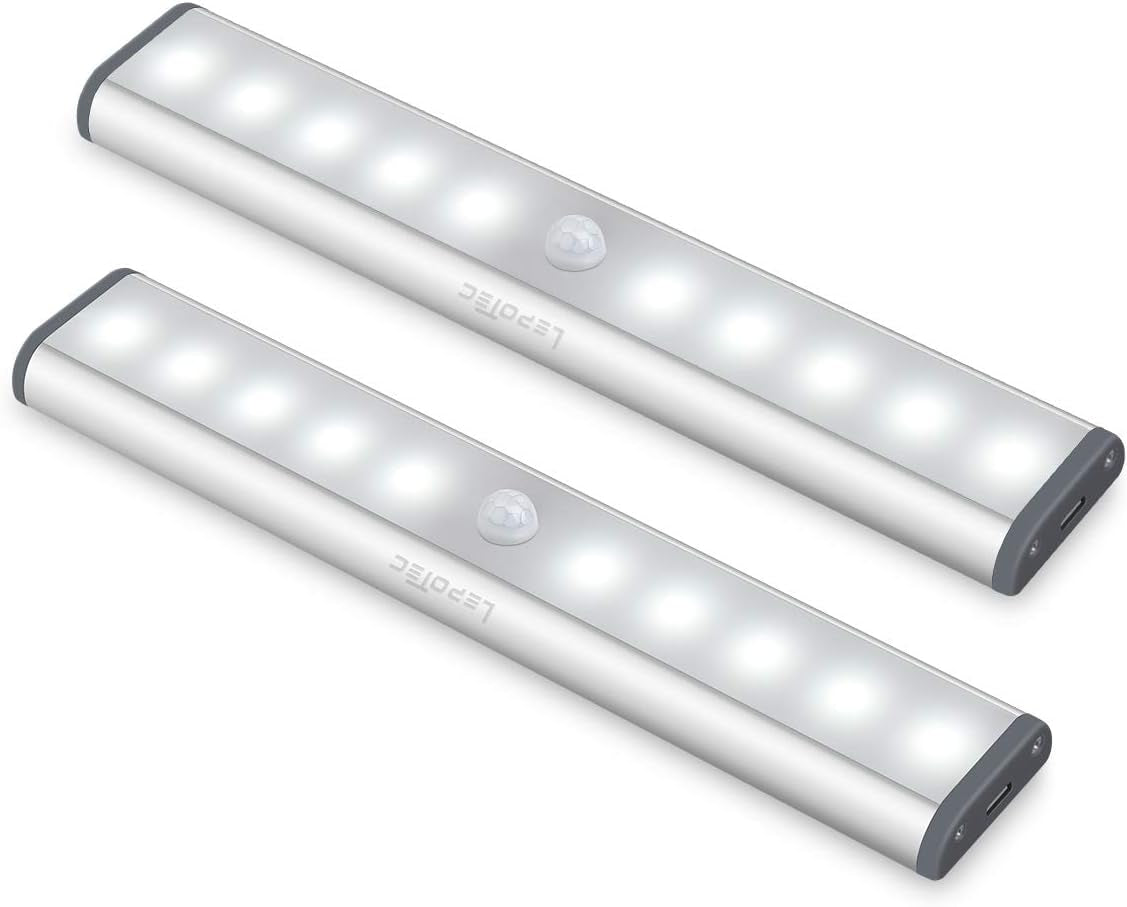Wireless Motion Sensor Cabinet Lights 10-LED USB Rechargeable Closet Lights LED under Cabinet Lighting for Wardrobe/Drawer/Stairs/Cupboard/Counter/Pantry/Stairs,Stick on Anywhere,2 Pack,White Light