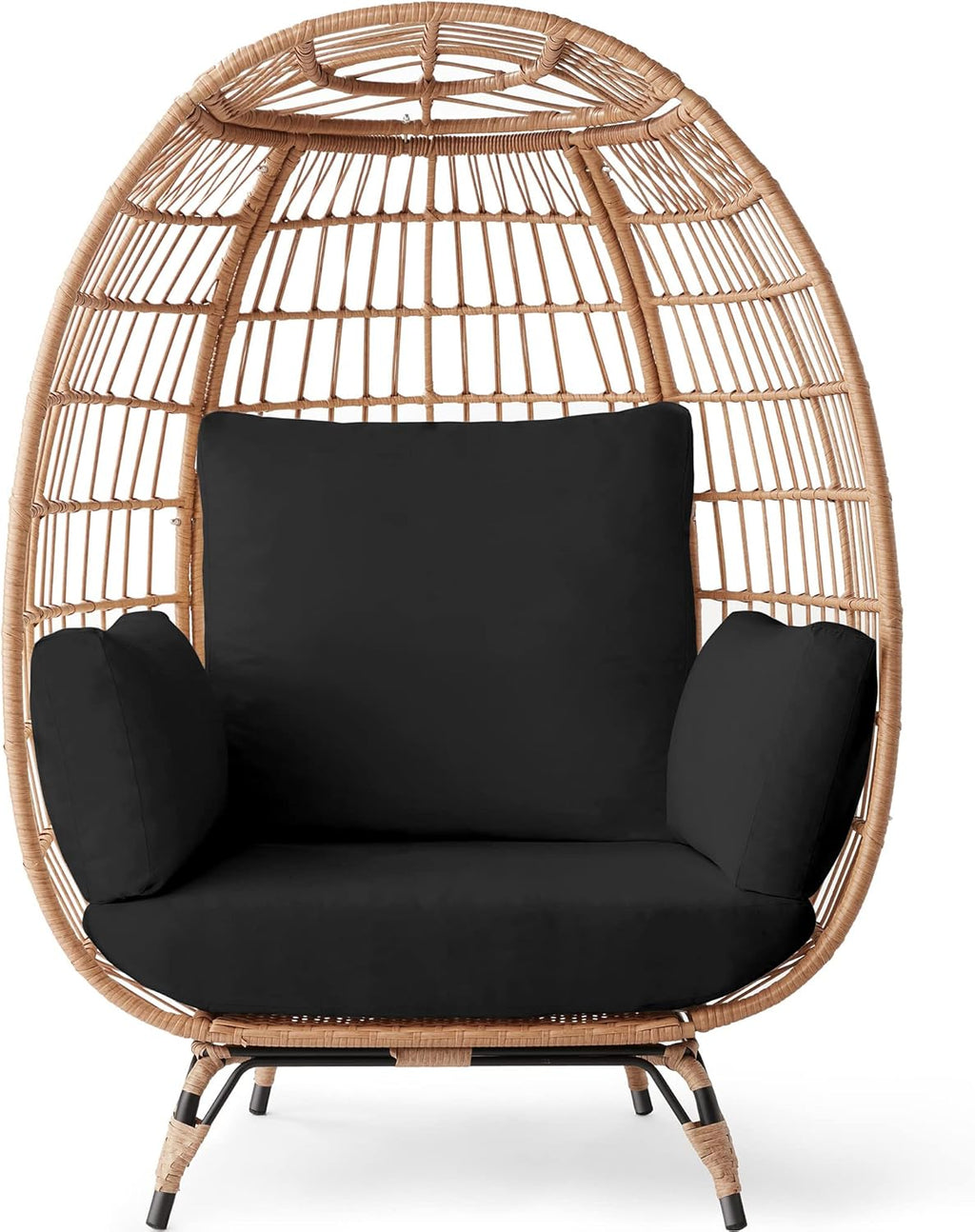 Wicker Egg Chair, Oversized Indoor Outdoor Lounger for Patio, Backyard, Living Room W/ 4 Cushions, Steel Frame, 440Lb Capacity - Black