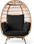 Wicker Egg Chair, Oversized Indoor Outdoor Lounger for Patio, Backyard, Living Room W/ 4 Cushions, Steel Frame, 440Lb Capacity - Black